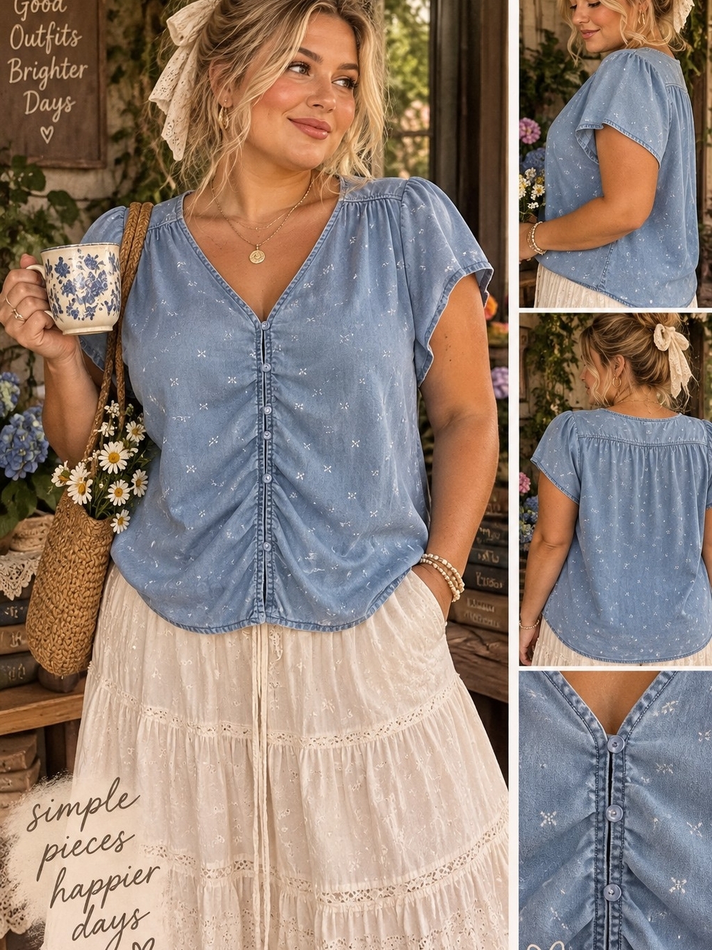 Style & Co Cottagecore Chambray Blue Floral Flutter Sleeve Blouse Top L